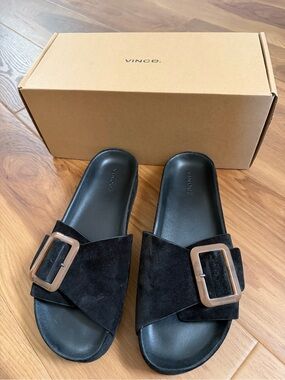 Vince Black Suede Slide Sandals with Brown Buckles